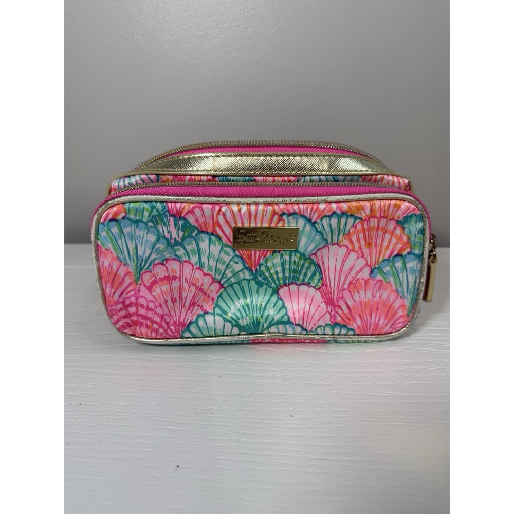 Lilly Pulitzer Cosmetic Makeup Bag Pink Teal Shell Print Gold Trim Zip Pouch
